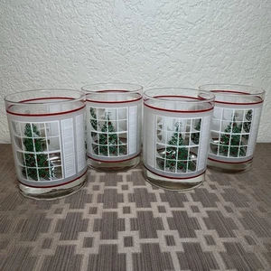 Vintage Christmas Tree In Window Double Old Fashioned Bar Glasses Set of 4 - Picture 1 of 9