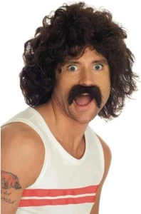 Men`s Brown Wig and Tash Set 80s Curly Hair & Moustache for Retro Disco Costume - Picture 1 of 2