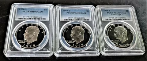 1976-S CLAD T-2, 1977-S, 1978-S IKE DOLLARS PCGS PR-69 DCAM. THREE COIN SET Cover