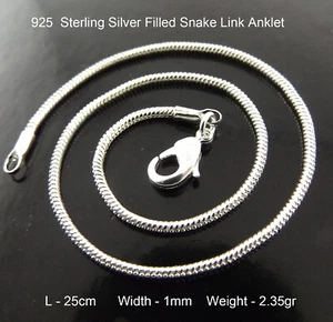 Anklet Real 925 Sterling Silver Filled Solid Fine Snake Link XL Bracelet 25cm - Picture 1 of 2