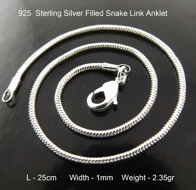 Anklet Real 925 Sterling Silver Filled Solid Fine Snake Link XL Bracelet 25cm - Image 1 of 2