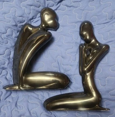 Par de esculturas artísticas negras de alto brillo abstractas forma humana estatuas corporales 9 1/2" Foto 1 de 4