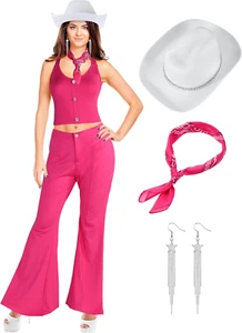 Pink Cowgirl Outfit 70S 80S Hippie Disco Costume Flare Pant Cowgirl Costume for - Picture 1 of 6