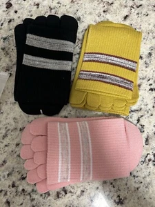 3 Pairs Women Five Finger Toe Sport Solid Casual Soft Striped Cotton Crew Socks - Picture 1 of 2