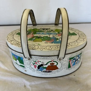 Vintage Painted Americana Double Handled Cookie Tin  - Nice! - Picture 1 of 15
