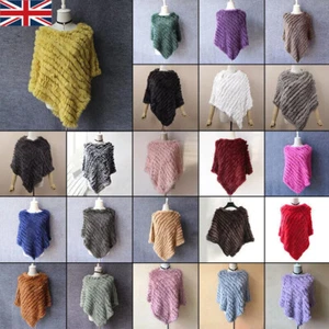Women Real Rabbit Fur Poncho Knitted Shawl Pullover Fashion Natural Fur Top UK - Picture 1 of 35