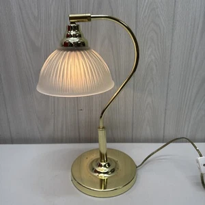 VTG Brass Tone Desk Lamp Ribbed Glass Adjustable Shade Desk Table Reading Light - Picture 1 of 24