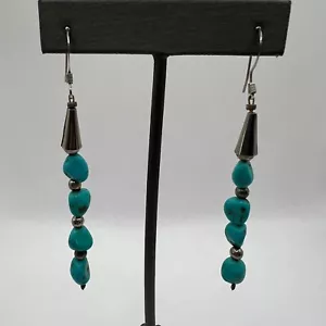 Vintage Turquoise Dangle Earrings Silver Tone Beads Wire Drop - Picture 1 of 7