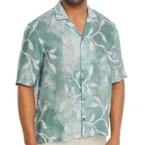 Nuevo con etiquetas Hugo Boss Lars estampado verde manga corta lino abotonado para hombre XXL - Imagen 1 de 3