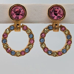 Swarovski Dangle Hoop Clip On Earrings Pink Blue Yellow Rhinestones Gold Tone - Picture 1 of 15