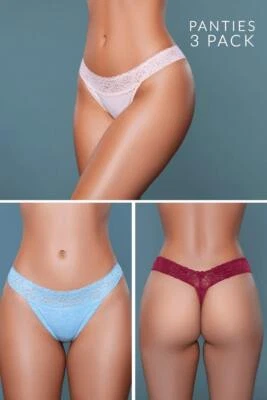 Tanga BeWicked Asher 3pk cintura baixa respirável jersey com design de renda floral  - Imagem 1 de 4