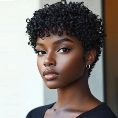 Pelucas cortas de cabello humano 100 % rizado afro corte pixie bob hechas a máquina Foto 1 de 4