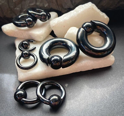 PAIR Black Plated Surgical Steel Spring-Loa​ded Captive Bead Rings Easy Pop Out - Image 1 of 4