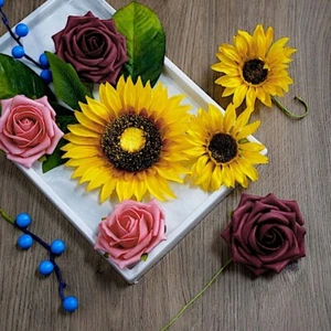 Yellow SILK Sunflowers Burgundy Foam Roses Faux FLOWER BOX Party Events Supplies - Picture 1 of 9