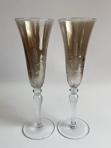 Crackle Glass Brown Luster Set of 2 Champagne Flutes Glasses 9 1/4”H - Picture 1 of 8