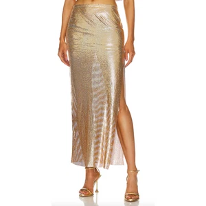Lovers + Friends Gold Chainmail Maxi Skirt Metallic XS Rave Slit $198 NEW Flaw - Picture 1 of 10