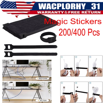 200/400 PCS Black Hook & Loop Ties Cord Fastening Straps fixing straps, Reusable - Image 1 of 4