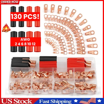 Copper Battery Cable Ends Wire Lugs Assortment Kit AWG 2 4 6 8 10 Gauge 130pcs - Image 1 of 4