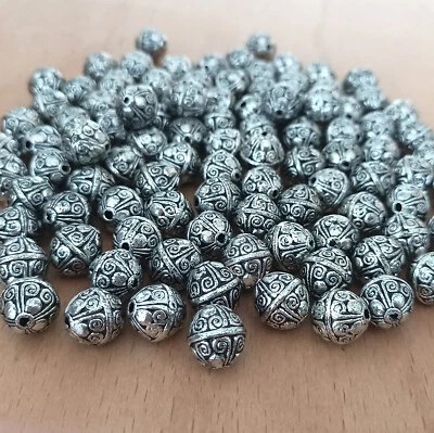 100 Silver Acrylic Plastic Beads, 12mm Textured Pattern Loose Round Spacer Craft - Image 1 of 3