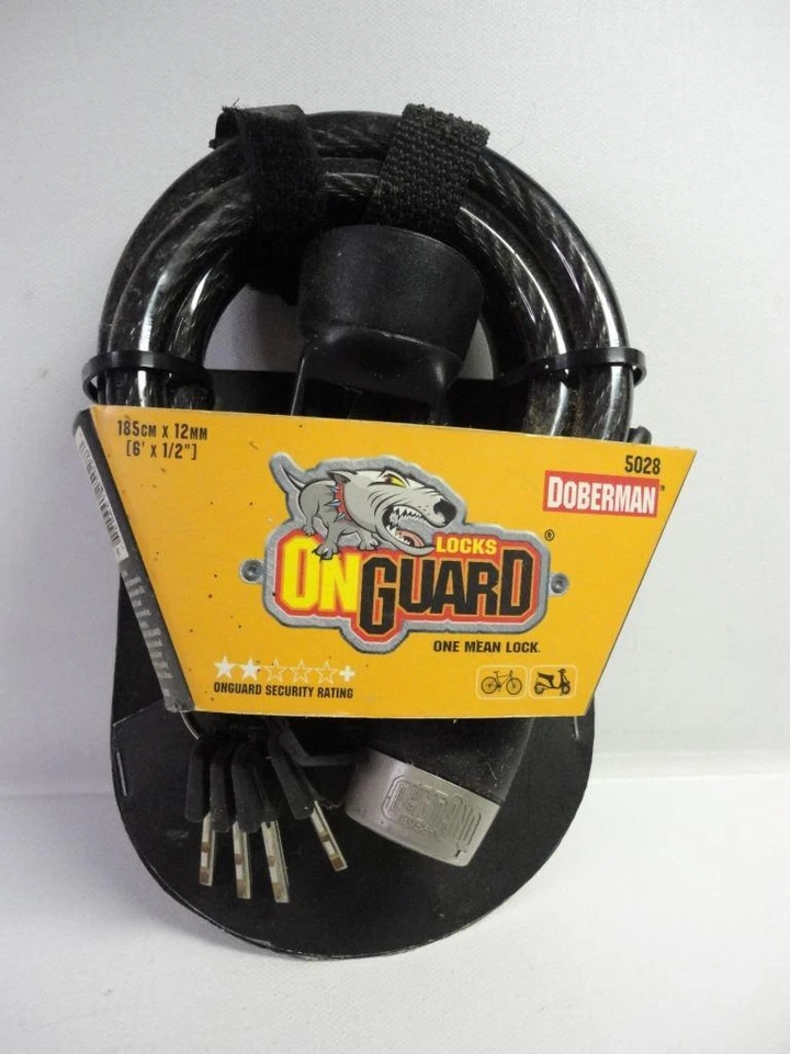 New OnGuard Doberman Keyed Bike Cable Lock 185cm x 12mm (6' by 1/2") 5028 5 Keys - Image 1 of 1