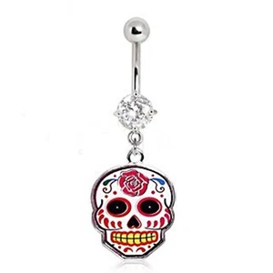 Belly Ring Sugar Skull Rose w/Clear Pronged Gem Dangle Naval Steel - Picture 1 of 3