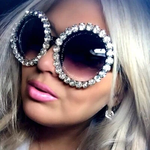 2024 Oversized Sunglasses Women Round Vintage Luxury Rhinestone Glasses Diamond - Picture 1 of 4