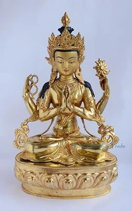 Estatua dorada de oro de 19"" de Buda Chenrezig de cobre de 19"" pintada con cara fina - Imagen 1 de 5