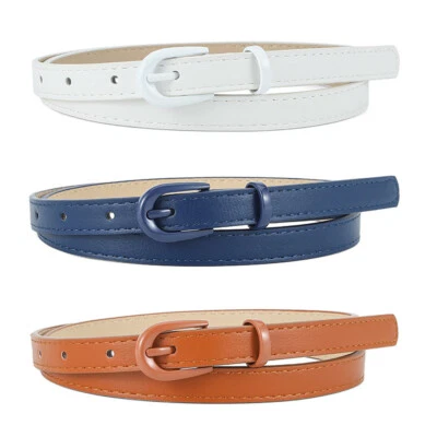 Women Candy Color Faux Leather Skinny Belt Metal Pin Buckle Thin Slim Waistband - Image 1 of 2