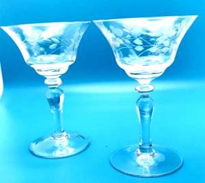 Vintage Etched Floral Wine Glasses 2 Pieces Circa 1950's 4 3/4" tall - Picture 1 of 7