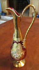 Bohemian Red Glass Pitcher With Gold Handle Trim 13.5" H Vintage Hand Painted 