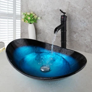 Colorful Tempered Glass Bathroom Vessel Sink Basin Bowl & Faucet+Chrome Drain - Picture 1 of 10