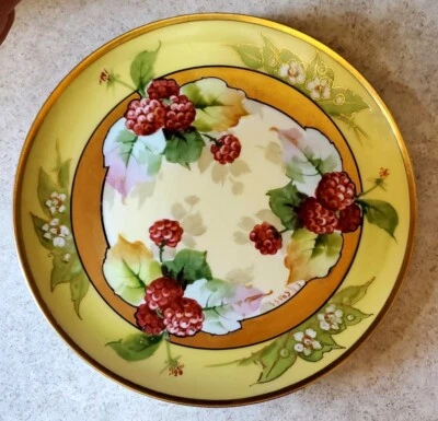 Haviland Limoges Art Nouveau HP Cabinet Plate Raspberries w Gold F R Cross - Image 1 of 4