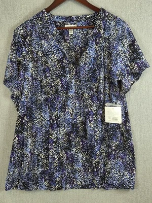 Croft & Barrow Top Womens Plus 2X Navy Blue White Floral V Neck Blouse Flowy NEW - Image 1 of 4