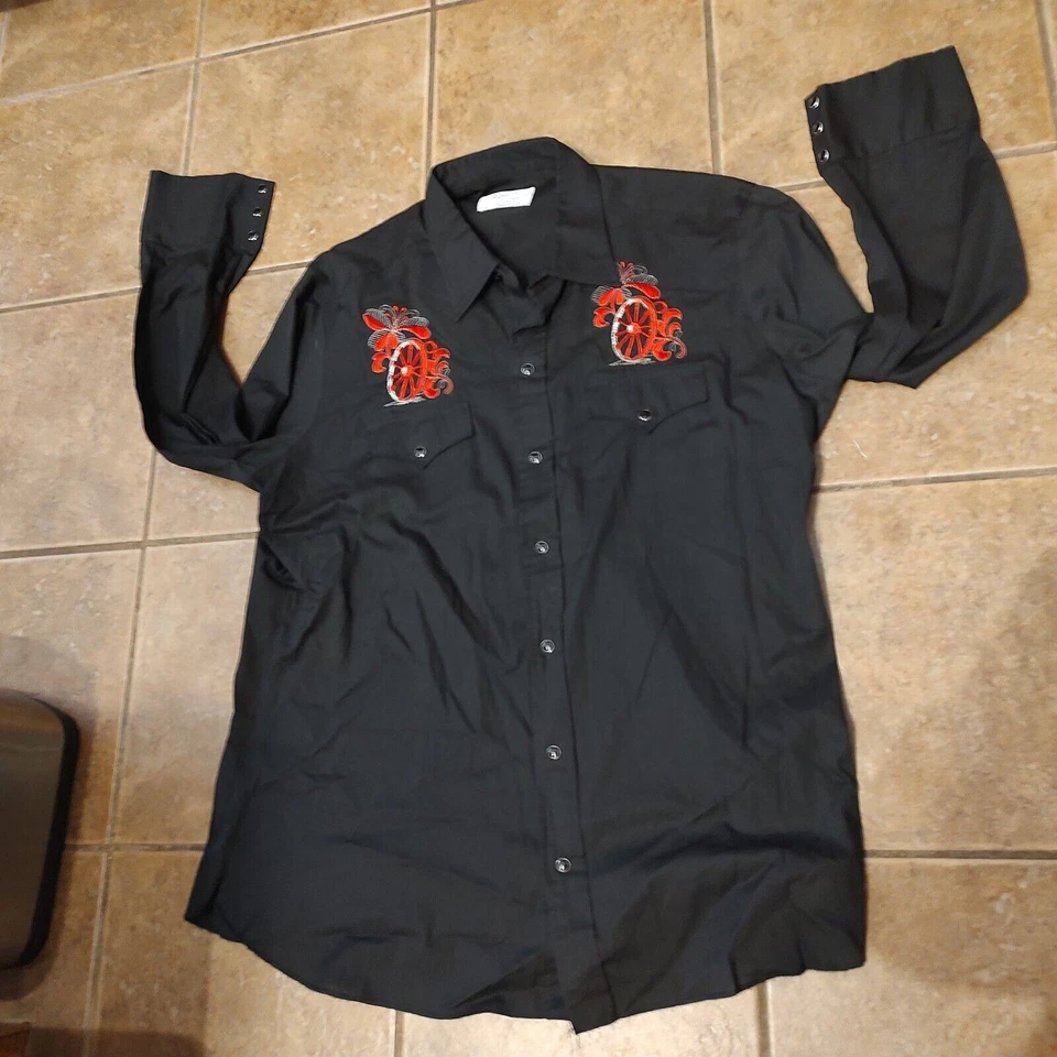 Vintage H Bar C Long Tail Black Embroidered Western Button Up Shirt Long Sleeve - Image 1 of 4