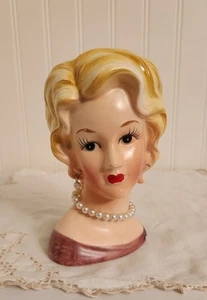 Lefton Lady Head Vase Planter Blonde with Pink Purple Dress & Pearls. 6638 VTG - Picture 1 of 11