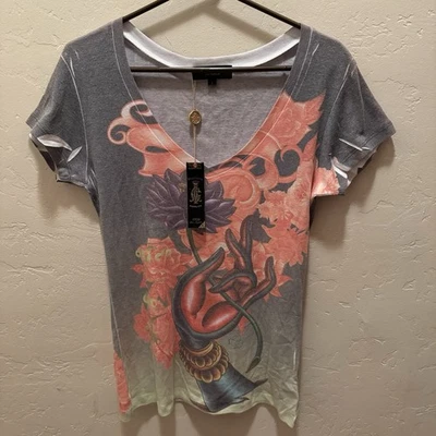 NEW Christian Audigier Los Angeles Hand/Flower V-Neck Top Women Large-“Tattoo” - Image 1 of 4