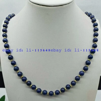 Beautiful 6mm Blue Lapis Lazuli Gold Choker Beaded Necklace Round Gemstone 18" - Image 1 of 4