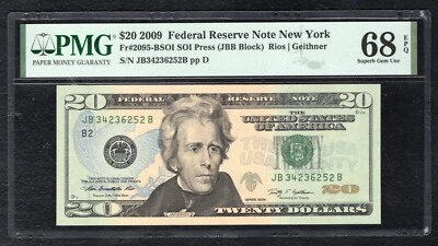 FR. 2095-BSOI 2009 $20 FRN FEDERAL RESERVE NOTE SOI PRESS PMG GEM UNC-68EPQ (B) - Image 1 of 2