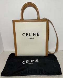 Authentic CELINE Cabas Vertical Tote Small Logo With Leather Strap Natural Tan - Picture 1 of 12