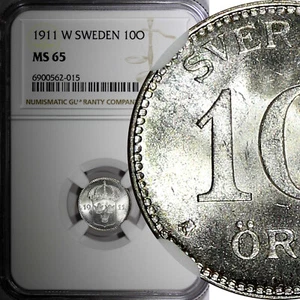 Sweden Gustaf V (1908-1950) Silver 1911 W 10 Ore NGC MS65 GEM BU KM# 780 (015) - Picture 1 of 5