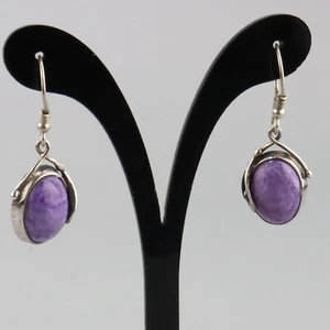 Vintage Purple Charoite Sterling Silver Earrings with Cala Lilly Motif - Picture 1 of 5