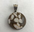 Sterling Silver .925 White Spotted Brown Striped Agate 1 1/2" Round Pendant
