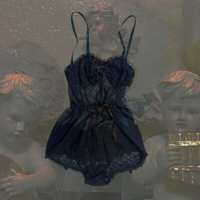 VINTAGE 60s 70s BLACK LACE AND MESH TEDDY BODYSUIT - Image 1 of 4