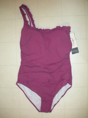 Profile Gottex Warm Viola Frill Me 1 Pc One Shoulder Ruffle Swimsuit Sz 14 NWT - Image 1 of 2
