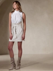 Banana Republic 10T Belted Twill Mini Skirt Stonewashed Cream High-Waist Buttons - Picture 1 of 10