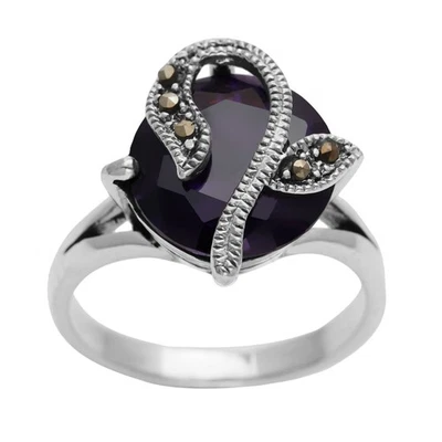 Silverly Anello Argento 925 Zircone Nero Rotondo Multi Marcasite Fiore - Immagine 1 di 4