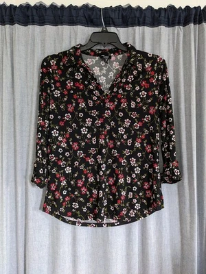 Jones New York black whimsygoth flower print long sleeve blouse size Medium - Image 1 of 4