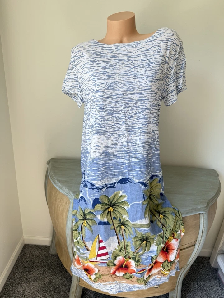Peppermint Bay Maxi Dress Size L Tropical Palm Coastal Hawaiian Hibiscus Rayon - Image 1 of 4