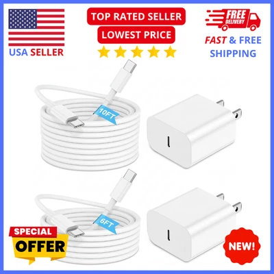 Fast Charging iPhone Charger - 20W USB C Wall Plug with 6FT & 10FT Cables - Image 1 of 4