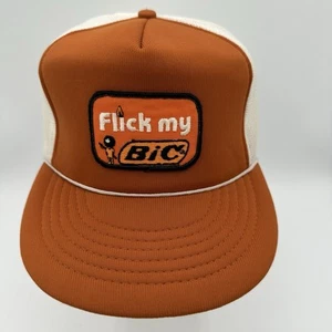 Flick My Bic 80s Trucker Patch Hat Snapback Advertisement Retro Mesh Cap - Picture 1 of 7